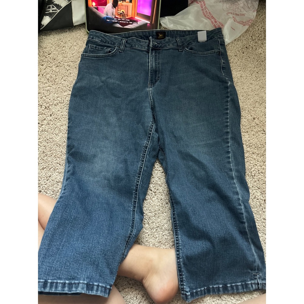 Denim Capris Cropped Jeans Lee Medium Wash Mid Rise Straight Leg Pants Blue
